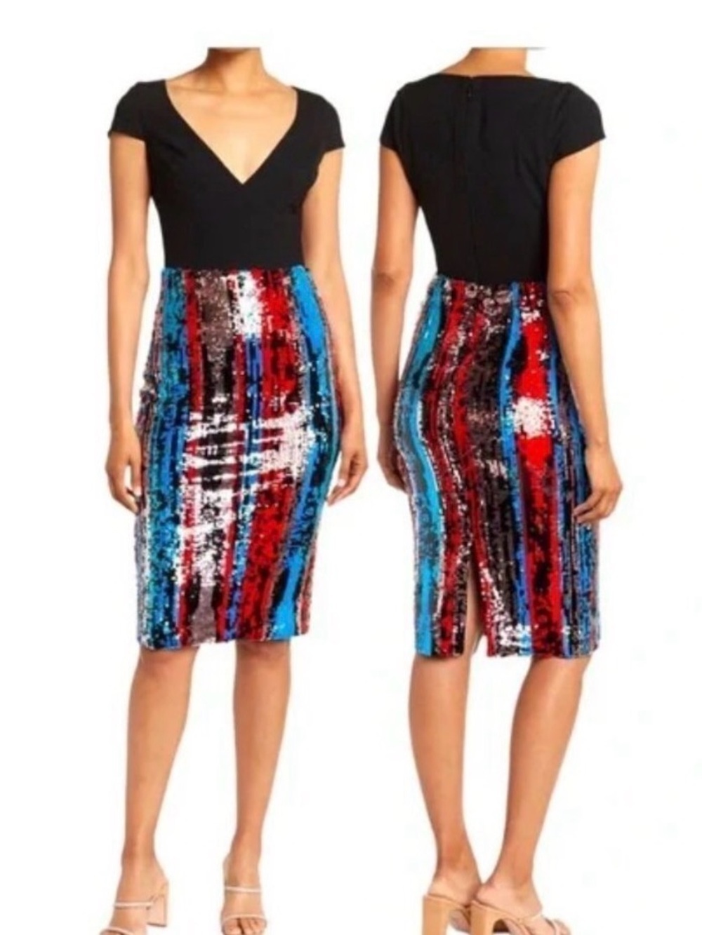 DRESS THE POPULATION Sequined Cap Sleeve Plunge Cocktail Midi Dress NWT Sz Large